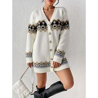 Women's retro geometric jacquard design V-neck cardigan long coat sweater, relaxed, casual, elegant and versatile.