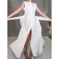 Lemongor 2025 New Fashion Cotton A-line Shirt Dress Women Cap Sleeves Loose Split-Side Tied Waist Casual White Maxi Dresses