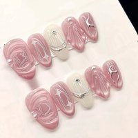 24Pcs Almond Detachable Press on Nails Cat's Eye Rhinestone Pearl Fake Nails Silver Irregular Design Full Cover False Nails Tips