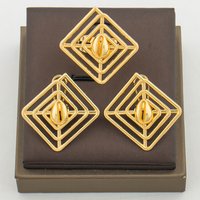 Geometry Design Earrings with Ring Jewelry Set for Party African 18k Gold Color Clip Earrings Cocktail Ring Set Engagement Gifts