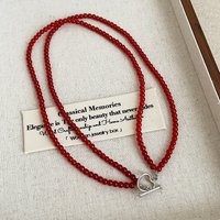 Minar Vintage Red Agate Natural Stone Strand Hollow Heart Beaded Necklace for Women Double Layered OT Clasp Choker Sweater Chain