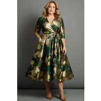 Plus Size Cocktail Dark Green Satin Floral Print Wrap 3/4 Sleeve Sexy V-neck Tea-Length Dress
