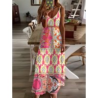Printed Design casual style Pink Floral Geometric Pattern Print women's dress