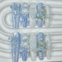 Rococo French Ballet Lace Handmade Press On Nails 3D Sweet Cute Bear Gypsum Bow Pearl Fake Nails Pink Blue Lolita Long Nail Art