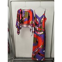 Retro geometric print loose short pullover two-piece set for 2026 summer women's clothing+long suspender dress fashion set