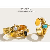 YACHAN Luxury 18K Gold Plated Stainless Steel Rings for Women Black White Blue Natural Stone Trendy Vintage Aesthetic Jewelry