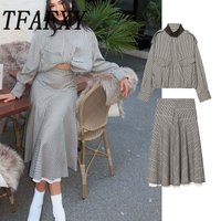 TFAFXY2026 Spring Casual Chic Women Checked Stand Collar Single Breasted Zipper Pockets Jacket Midi Skirt New Fashion Street Set
