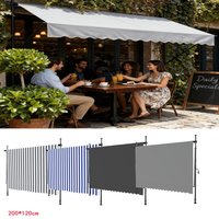 Clamp Retractable Awning With Hand Crank Balcony No Drilling Balcony Sun Protection UV-Resistant Height Adjustable For Patio Balcony, 200 X 120 Cm, Dark Grey/Light Grey/Grey And White Stripes/Blue And
