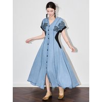 TIYIHAILEY Women Denim Dresses Long Mid-Calf Single Breasted Autumn M-3XL Chinese Style Lace Patchwork V-Neck New Vintage