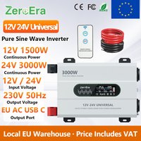 ZeroEra Dual Voltage Pure Sine Wave Inverter 1500W/3000W 12V/24V to 230V 50Hz with EU AC Sockets Remote Control LCD Display for Motorhome Trucker Camping Travelling EU Stock