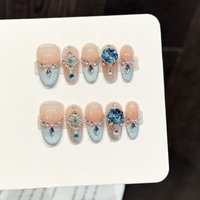 10pcs Short Almond Handmade Press on Nails Blue Cat's Eye Fake Nails Decor Gradient Full Diamond Luxury False Nails Art Wearable