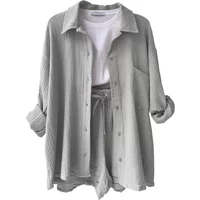 Women's Two Piece Outfits Button Down Shirt and Elastic High Waisted Shorts Cotton Linen Set