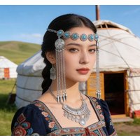 Kazakh Micro Imitation Turquoise Forehead Chain Ethnic Style Ancient Silver Tassel Hairband Accessory Xinjiang Kashgar Travel