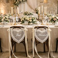 Just Married Heart Shaped Sheer Lace Chair Sign for Bride & Groom Wedding Day Chair Decor Supplies Bridal Shower Party Accessory