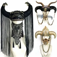 Halloween cosplay Horns Tassel exaggerated headdress DJ Catwalk show Punk Horn Armor cap Demon look Anime Shofar Carnival Gifts