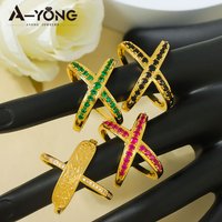 Italian Zirconia Cocktail Rings 21k Gold Plated Fashion Colored Gemstone Cross Ring Arabic Women Bridal Wedding Party Jewelry