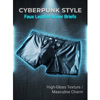Men's PU Boxer Briefs – Raised Button Design, Simple Solid Black Color, Comfortable and Easy to Remove, PU Leather Men's Boxer