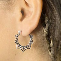 Huitan Bohemia Style Hoop Earrings for Women Metal Silver Color Flower Shaped Fancy Earrings Daily Wear Vocation Female Jewelry