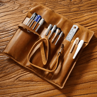 Vintage PU Leather Pencil Case-Multi-Compartment Organizer With Elastic Closure, Key Loop & Wrist Strap For Office