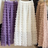 New Fashion Polka Dot Printed Skirt Women Spring Summer Multi-Layered Ruffle Mesh Cake Skirts Elegant Sweet Lace Party Jupe