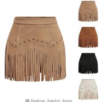 Women Fringe Skirt with Rivets High Waist Elastic Western Cowgirl Skirts with Zipper Country Concert Outfit D0UB