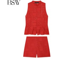 BSAY Red Lace Two Piece Set New Chinese Style Sleeveless Peplum Top and Shorts Hollow Out Crochet Knit Casual Vacation Outfit