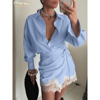 Clacive Fashion Loose Blue Stripe Skirt Sets Woman 2 Pieces 2026 Elegant Long Sleeve Shirt With High Waist Mini Skirt Set Female