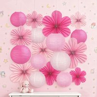 18pc 1st Birthday High Paper Flower Decorative Wallpaper Fan Lantern Pink Birthday Party Decoration Supplies for Girls and Boys