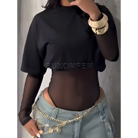 Ladies Sexy Mesh Tight Fitting Short Sleeved Shpaer Women's Lace Bodysuit T-shirt 2025 New Stylish Triangle Shapewear Outwear
