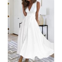 Fashion White Black Loose Dress For Women Sexy Deep V Neck Sleeveless High Waist Dresses Robe Femme Elegant Party Skirts Summer