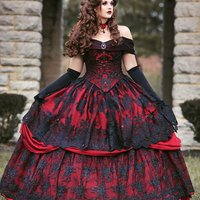 Gothic Medieval Red And Black Lace Ball Gown Wedding Dress Vintage Victorian Lace-up Corset Off Shoulder Customized Bridal Gown