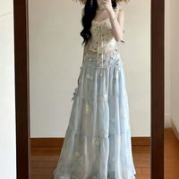 Beach Vacation Floral Dopamine Blue Dress Vacation Suit High Waist Skirt Casual Breathable Fabric Spring And Summer Dress Sets