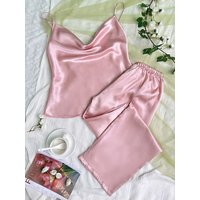Solid Satin Pajama Set Draped Collar Cami Top Elastic Waistband Pants Women's Sleepwear Loungewear