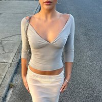 Sexy V-Neck T-shirts Women Tops Summer Long Sleeve Slit Solid Pullover Slim-Fit Chic High-Street 2026 Female Shirts Tee Tops