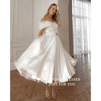 HUISONG Customized Midi Satin Wedding Dress Off Shoulder A-Line Tea-Length Beach Civil Bridal Gown suknia ślubna