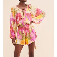 Elegant Lady Loose Lace-up Commute Sets Summer Elastic Waist Pants Sets Bohemian Style Print Lantern Long Sleeve Tops&Shorts Set
