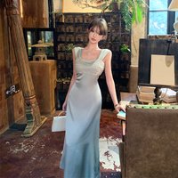 Thai Vintage Blue Long Dress with Belt Heavy Bead Satin Strapless Gown for Ladies Party Ball Elegant Style mid Waist A-Line S...