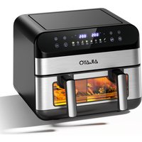 Doppel-Heißluftfritteuse Digitale Heißluftfritteuse Backen 10QT 9L Doppelzone 2400W 80-200 ° C 8 Voreingestellte Modi Schwarz + Farbdisplay Touchscreen Edelstahl-Heißluftfritteuse