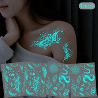 4Sheets Blue Luminous Feather and Snake Tattoo Stickers for Women And Girls, White Design Fake Bracelet Necklace Tattoos for Fac