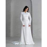 Simple Mermaid Wedding Dresses Woman's Formal Long Sleeve Bride Gowns V Neck 2026 Satin Muslim Customized Vestidos فساتين