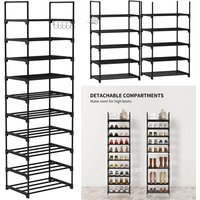 10 Tier Tall Shoe Rack Metal Narrow Shoe Rack with Hooks, Space Saving Shoe Storage Organizer, 30 x 40 x 175 cm, Fit 20-25 Pairs