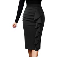 Women's Casual High Waist Skirt for Work Wear Knee Length Skinny Style Ruffle Side Slit Hip Skirt