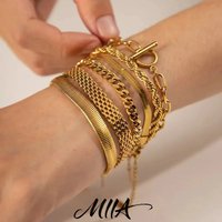 Miia 18K Gold PVD Plated Stainless Steel Link Chain Bracelet Set for Women Exquisite Waterproof Texture Jewelry Girl Beach Gifts
