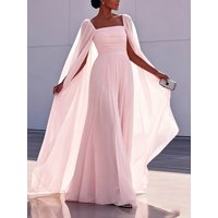 Women's Solid Color Square Neck Waisted Chiffon Cape Sleeves Maxi Gown 2026 Spring and Summer Elegant Evening Party Dresses