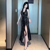 2840Europe and America2026Cross-border foreign trade wholesale irregular black lace sleeveless slit gown long dress