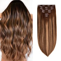 Real Human Hair Clip in Hair Extensions, Balayage Chocolate Brown Mixed Caramel Blonde Dark Roots Ombre 120g 7pcs 16 Clips in