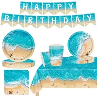 Blue Seaside Theme Disposable Tableware Beach Waves Plates Napkins Cups Happy Summer Beach Birthday Festival Party Supplies