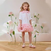 Meadow Bow Ribbon At Collar Flower Girl Dress A Line Baby Kids Birthday Dress White and Pink Pageant Dress for Girl Customized