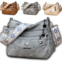 Spacious Women's Multi‑pocket Shoulder Purse, Vintage Soft Leather Crossbody Bag with Ethnic Pattern Strap for Everyday Life