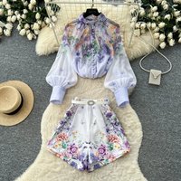 Summer Printed Women Suits Sets 2 Pieces Fashion Streetwear Gorgeous Flower Blouses (Tops+Shorts ) Female Tracksuits Slim Fit